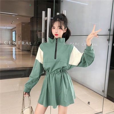 Rochie casual de dama cu fermoar si maneci lungi in negru si verde