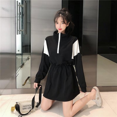 Rochie casual de dama cu fermoar si maneci lungi in negru si verde