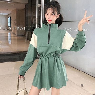 Rochie casual de dama cu fermoar si maneci lungi in negru si verde