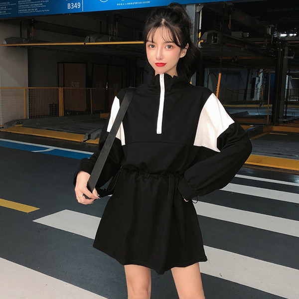 Rochie casual de dama cu fermoar si maneci lungi in negru si verde