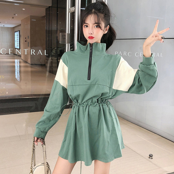 Rochie casual de dama cu fermoar si maneci lungi in negru si verde