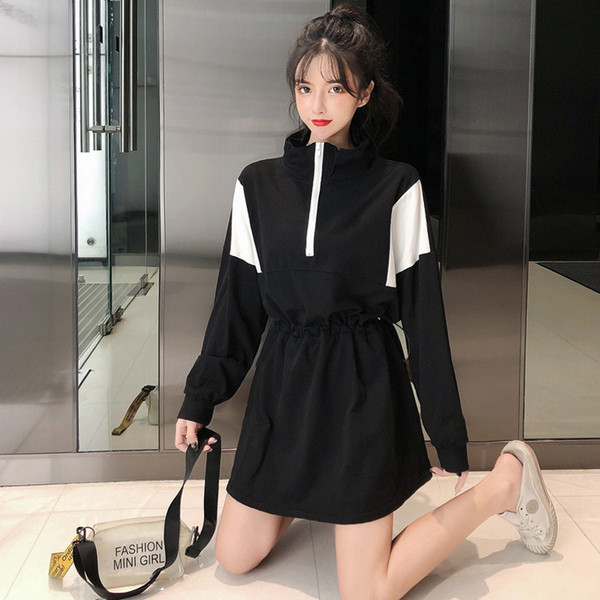 Rochie casual de dama cu fermoar si maneci lungi in negru si verde