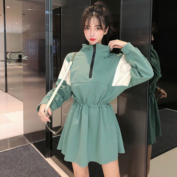 Rochie casual de dama cu fermoar si maneci lungi in negru si verde