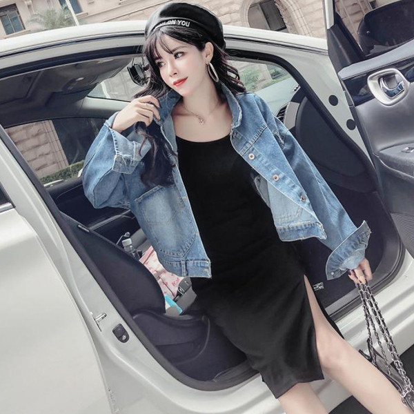 Geaca de dama moderna din denim lat cu sireturi in albastru