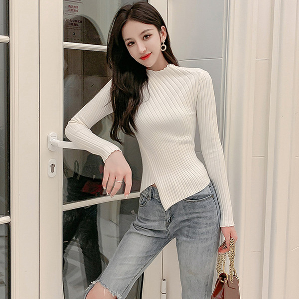 Bluză de damă modernă asimetrică cu mâneci lungi și guler înalt