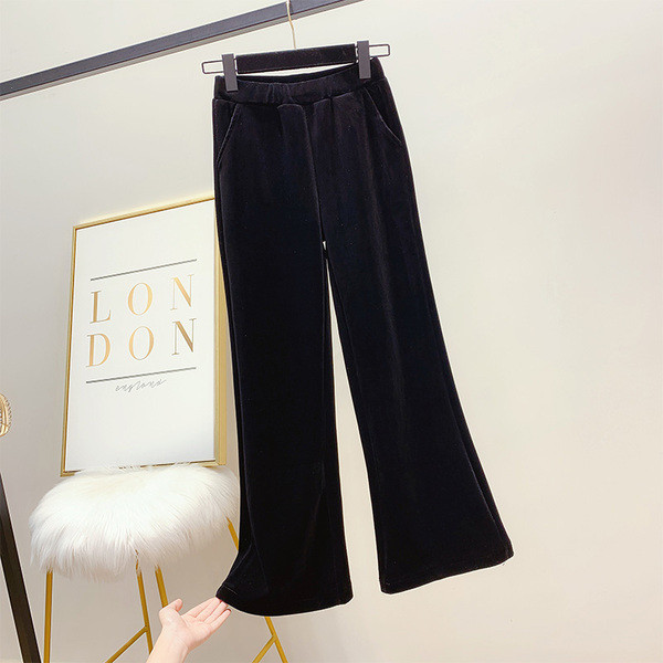 Női bársony nadrág magas derékkal, fekete színben