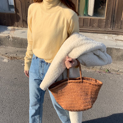 Modern női téli pulóver pólógallérral, sárga és zöld színben