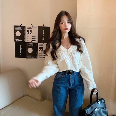 Σύντομο και ευρύ πουλόβερ με λαιμόκοψη σε τρία χρώματα