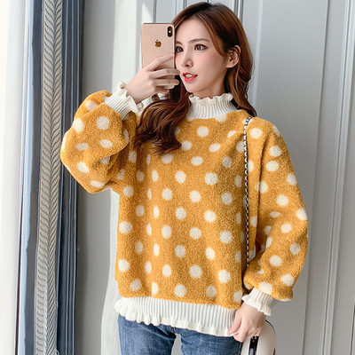 Pulover casual de dama in galben si verde cu puncte