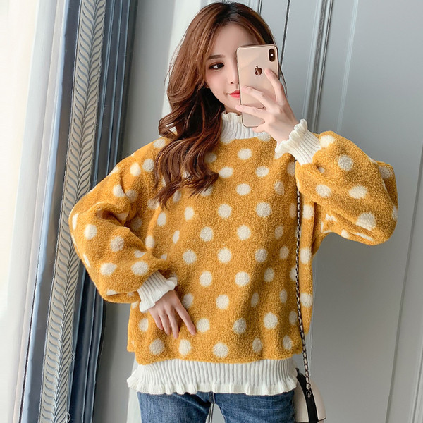 Pulover casual de dama in galben si verde cu puncte