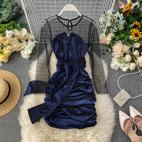 Rochie de damă elegantă din catifea în negru și albastru