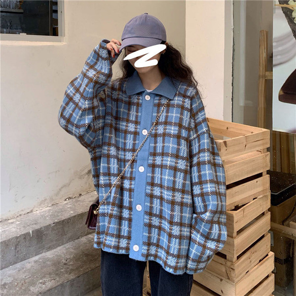 Női alkalmi kockás kardigán kék színben