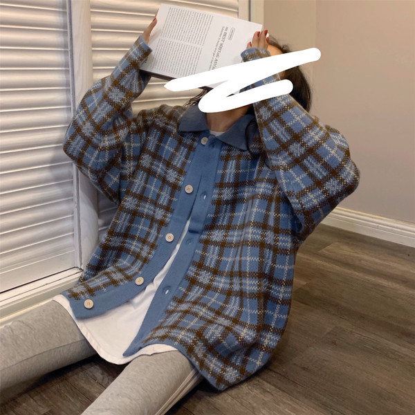 Női alkalmi kockás kardigán kék színben