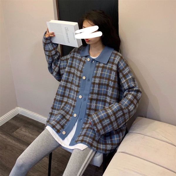 Női alkalmi kockás kardigán kék színben