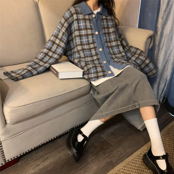 Női alkalmi kockás kardigán kék színben