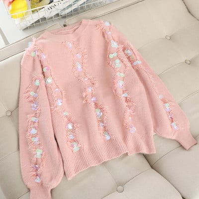 Modern női pulóver flitter elemekkel, több színben