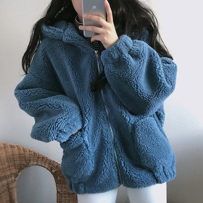 Női pehelykabát zsebekkel és kapucnival, kék és bézs színben