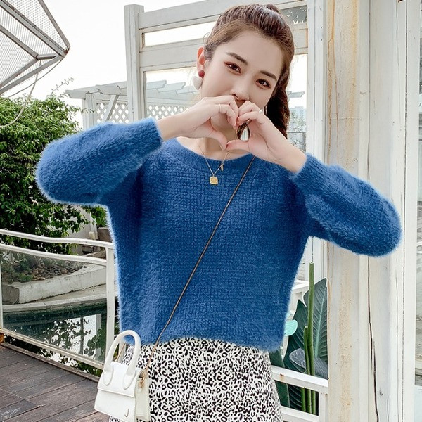 Modern női pulóver O-nyakú kék és fehér színben