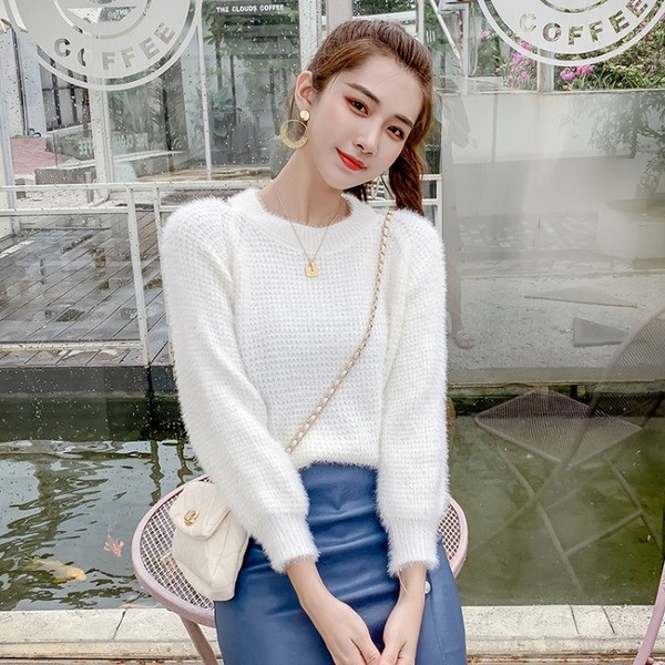 Modern női pulóver O-nyakú kék és fehér színben