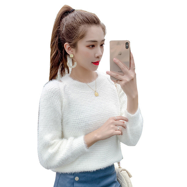 Modern női pulóver O-nyakú kék és fehér színben