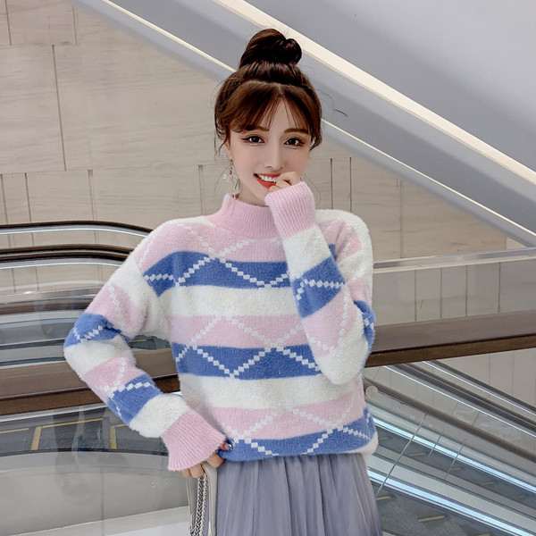 Új modell női pulóver mintával, O-nyakkal rózsaszín, kék és sárga színekben