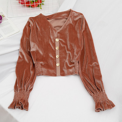 Μοντέρνα γυναικεία μπλούζα βελούδο με κουμπιά σε διαφορετικά χρώματα