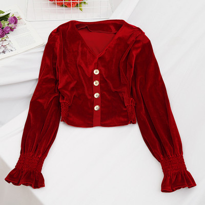 Μοντέρνα γυναικεία μπλούζα βελούδο με κουμπιά σε διαφορετικά χρώματα