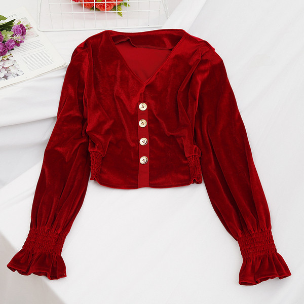 Μοντέρνα γυναικεία μπλούζα βελούδο με κουμπιά σε διαφορετικά χρώματα
