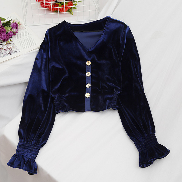Μοντέρνα γυναικεία μπλούζα βελούδο με κουμπιά σε διαφορετικά χρώματα