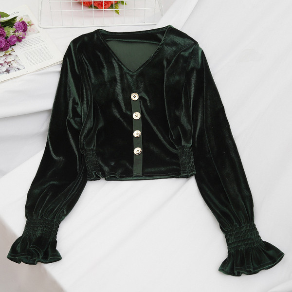 Μοντέρνα γυναικεία μπλούζα βελούδο με κουμπιά σε διαφορετικά χρώματα