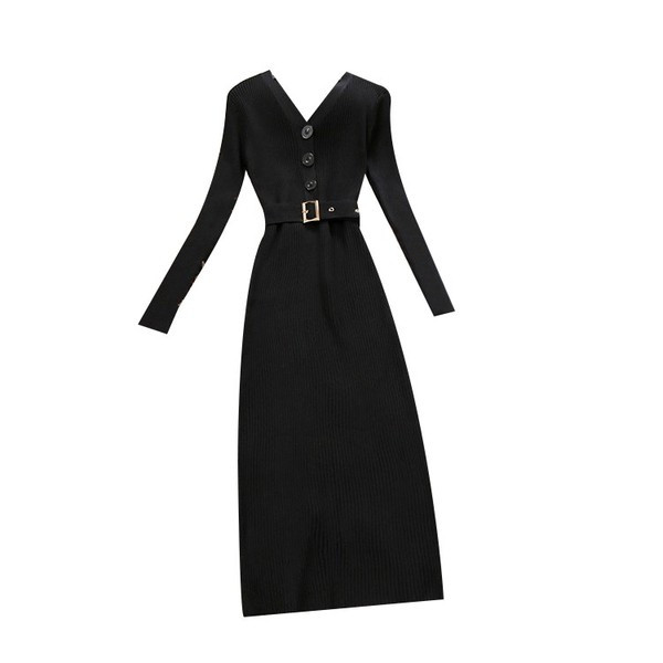 Модерна дамска рокля с дълъг ръкав и колан в черен и зелен цвят