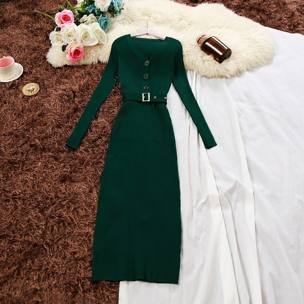 Модерна дамска рокля с дълъг ръкав и колан в черен и зелен цвят