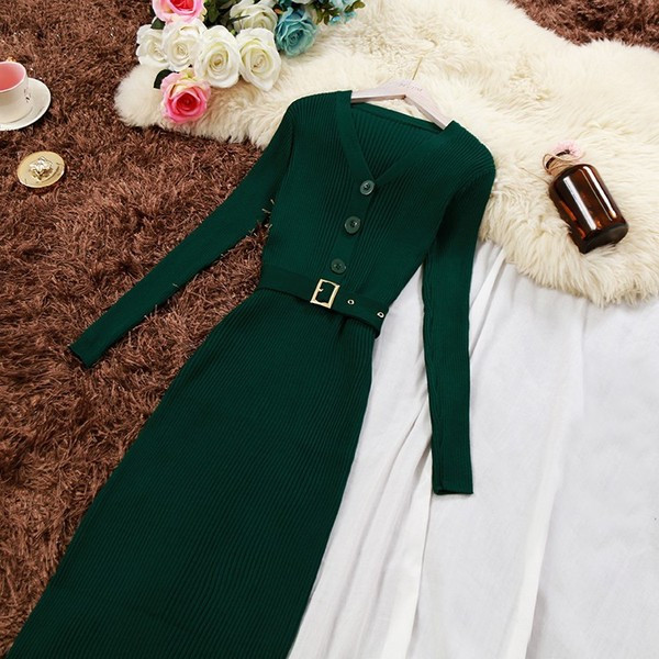 Модерна дамска рокля с дълъг ръкав и колан в черен и зелен цвят