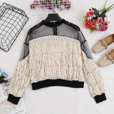 Γυναικεία casual μπλούζα με τούλι και κουμπί σε τέσσερα χρώματα