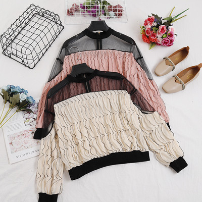 Γυναικεία casual μπλούζα με τούλι και κουμπί σε τέσσερα χρώματα