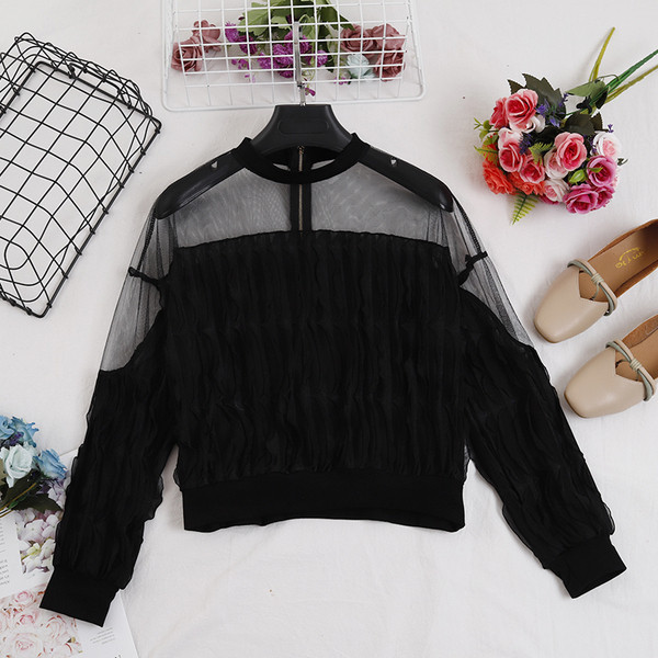 Γυναικεία casual μπλούζα με τούλι και κουμπί σε τέσσερα χρώματα