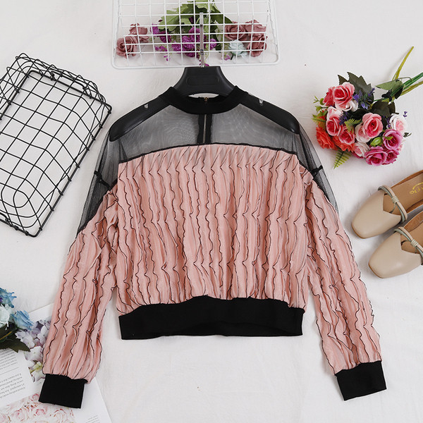 Γυναικεία casual μπλούζα με τούλι και κουμπί σε τέσσερα χρώματα