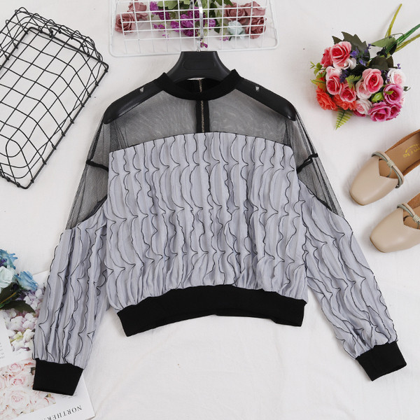 Γυναικεία casual μπλούζα με τούλι και κουμπί σε τέσσερα χρώματα