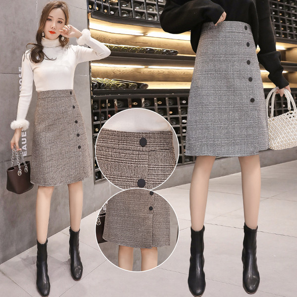 Modern női szoknya magas derékkal, barna és szürke gombokkal