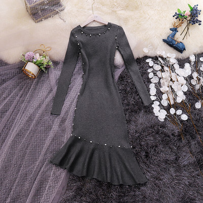 Rochie moderna de dama asimetrica cu perle si decolteu oval in mai multe culori