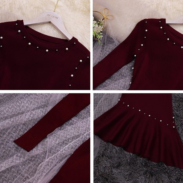 Rochie moderna de dama asimetrica cu perle si decolteu oval in mai multe culori