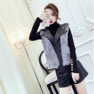 Rövid ökobőr mellény fekete színben, műszőrrel szürke és fekete színben