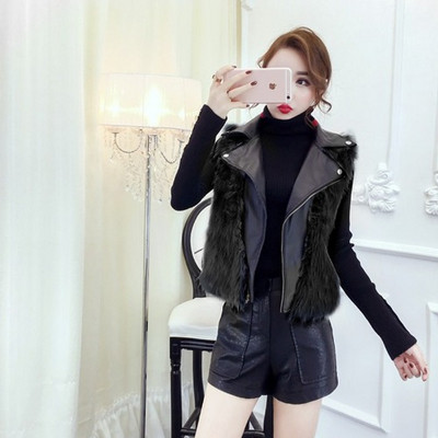 Rövid ökobőr mellény fekete színben, műszőrrel szürke és fekete színben