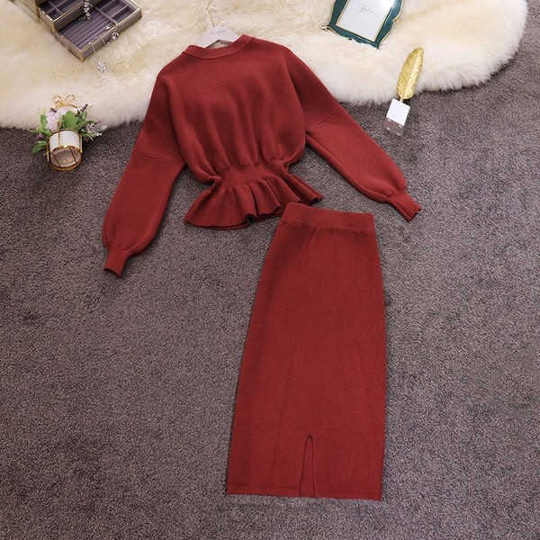 Set tricotat zilnic pentru femei din două părți în roșu, negru și maro