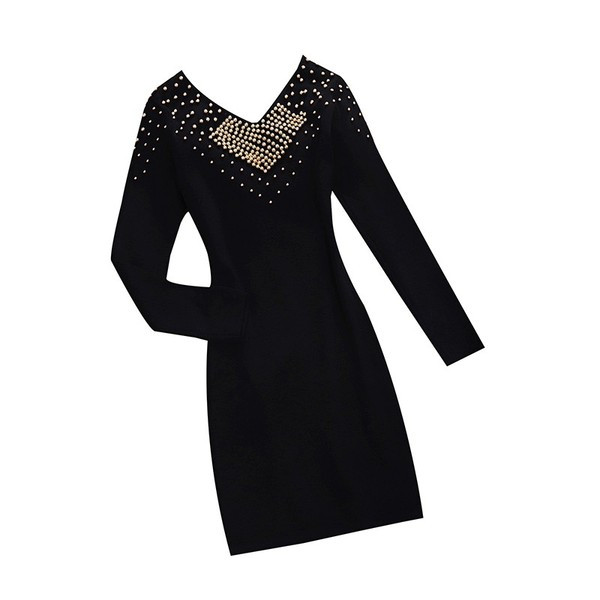 Női ruha hosszú ujjal és lyukakkal, fekete színben