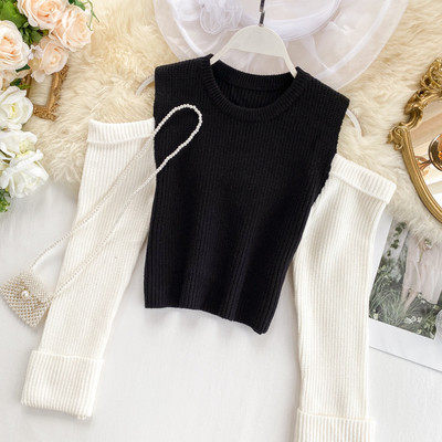 Pulover de dama cu umerii goi in rosu si negru