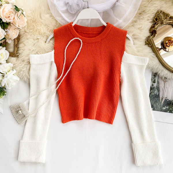 Pulover de dama cu umerii goi in rosu si negru