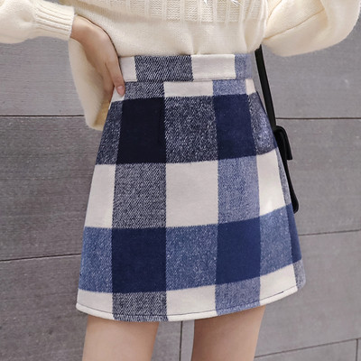 Modern női kockás szoknya magas derékkal, kék és barna színben