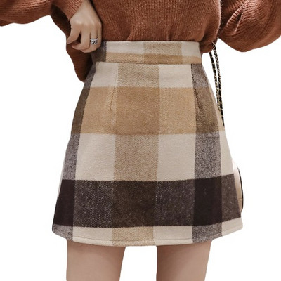 Modern női kockás szoknya magas derékkal, kék és barna színben