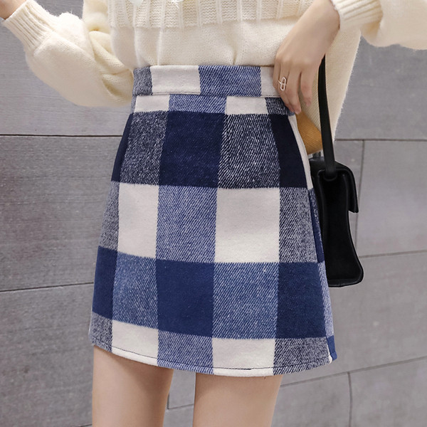 Modern női kockás szoknya magas derékkal, kék és barna színben